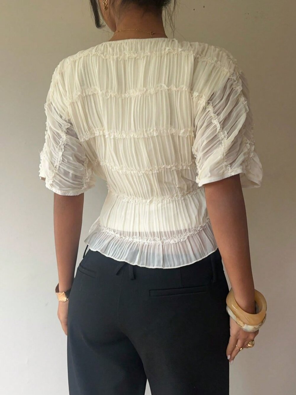 Apricot Elegant Women's Lace Ruffle Crew Neck Blouse - Picture 2 of 8